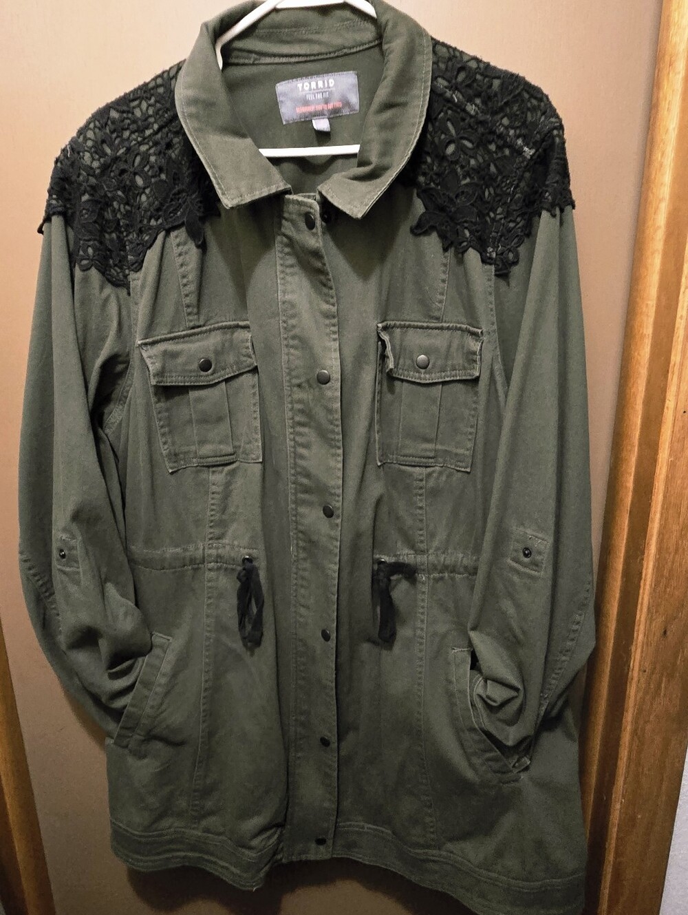 Torrid Olive Green Utility Jacket with Black Lace Shoulders - Picture 2 of 5